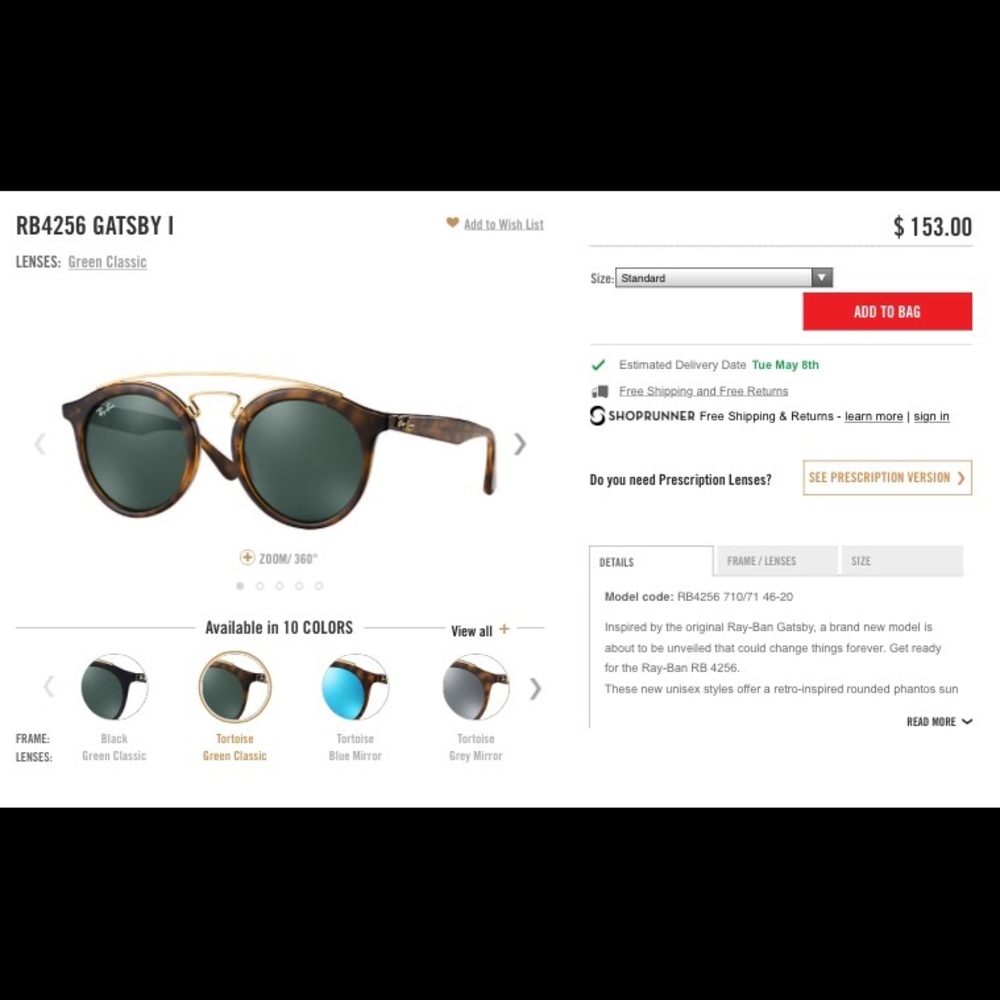 Ray Ban Gatsby Tortoise Sunglasses